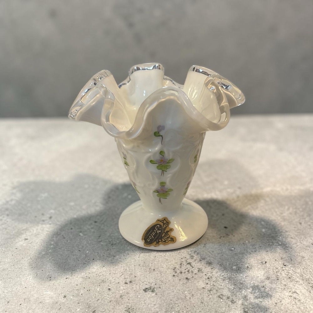 Fenton Milk Glass Violets hand paint Spanish Lace Silver Crest Ruffled Vase 4"